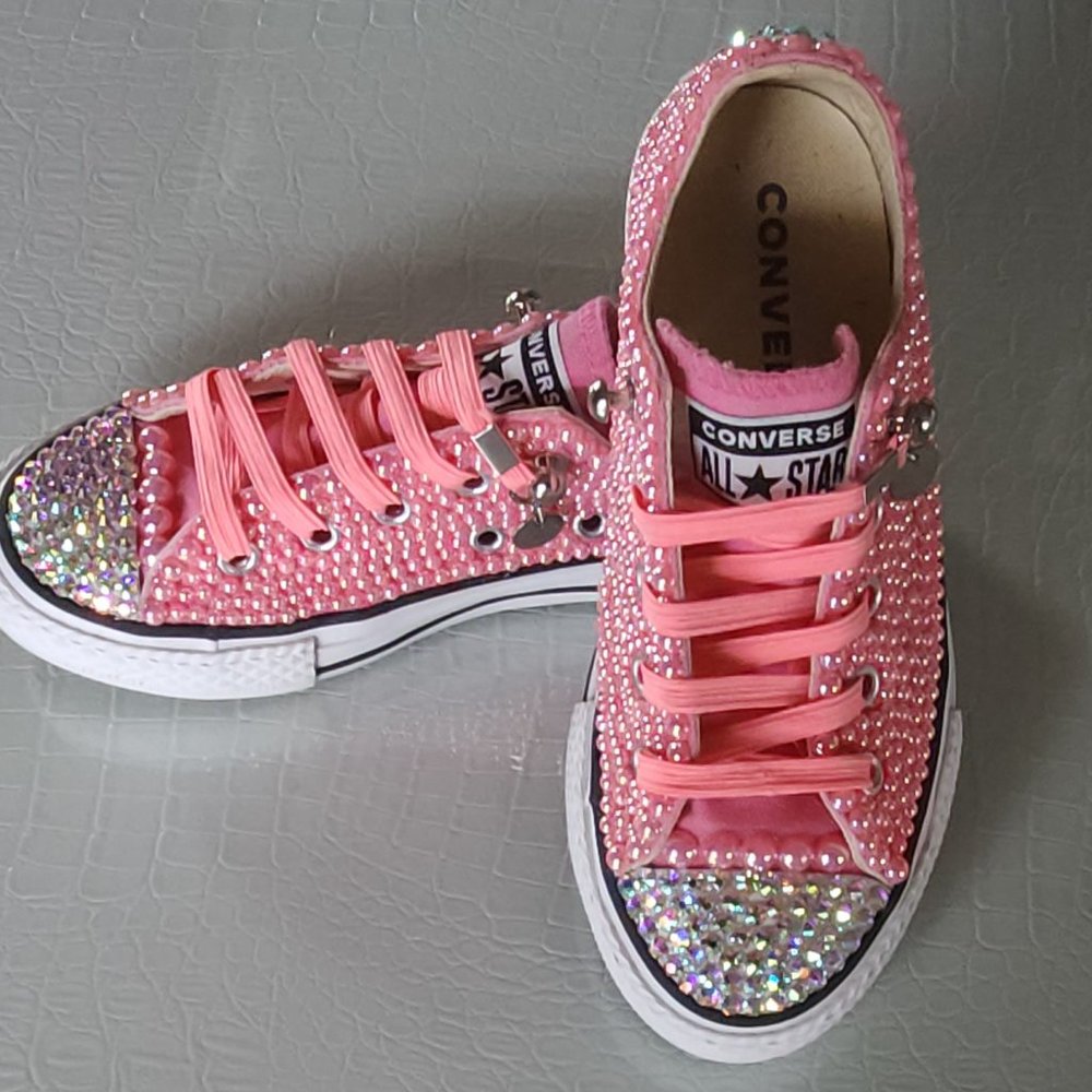 Pink Pearls, Rhinestones, and Ribbon Genuine Chuck Taylors for Girls Size 11